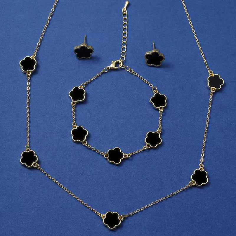 Simple and Fashionable Niche Design Geometric Hollowing Five Leaf Flower Bracelet Necklace Earrings for Girls Gift Jewelry Set